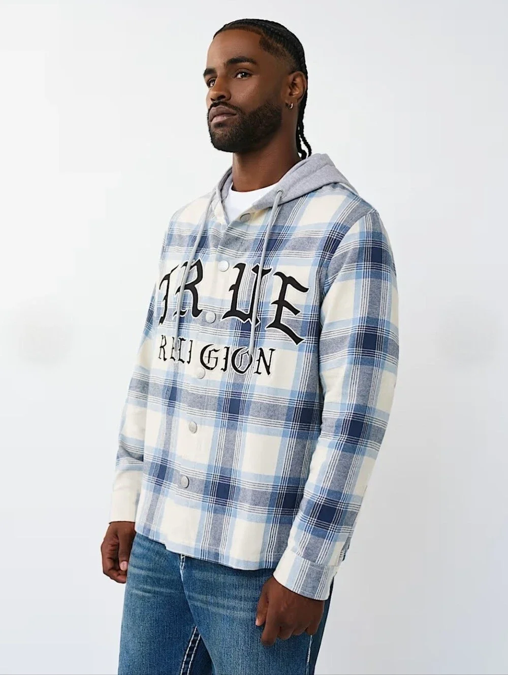 $119 True Religion Mens hooded flannel shirt